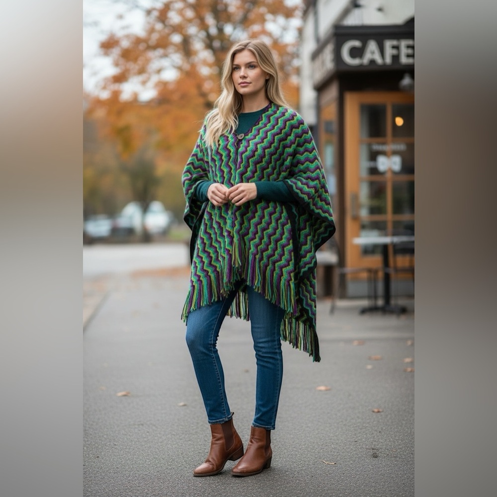 SALE! Cejon ‎ Chevron Green & Purple Zigzag Oversized Poncho Pashmina Fringe